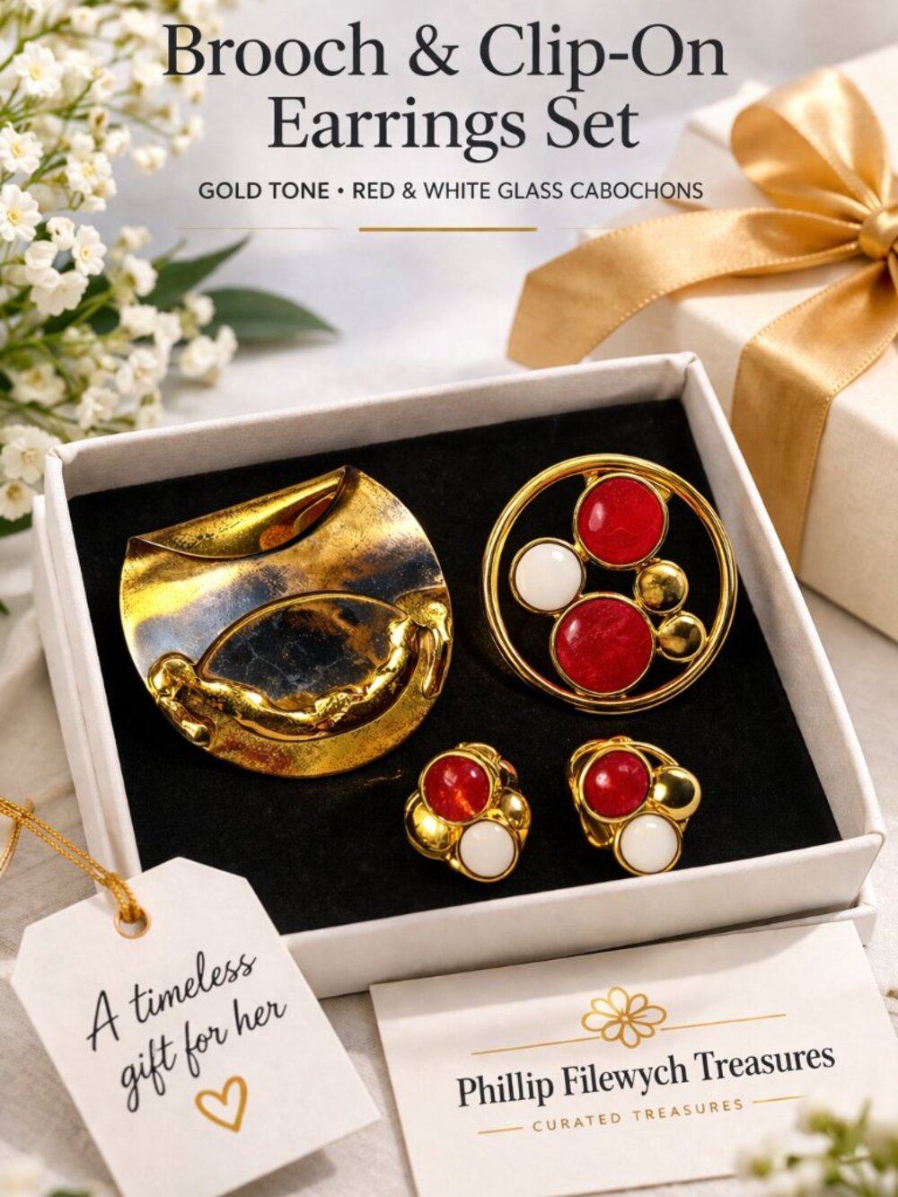 BRE-06-Vintage Gold Tone Brooch & Clip on Earrings Set Red Cabochon Statement Je